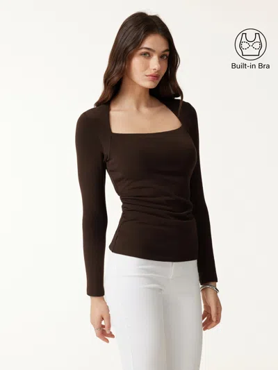Oglmove Trapeze Neck Long Sleeve Ruched Bra Top In Espresso Shut