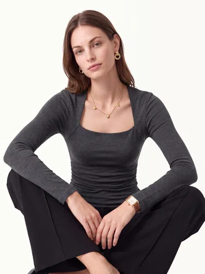 Oglmove Trapeze Neck Long Sleeve Ruched Bra Top In Heather Shadow