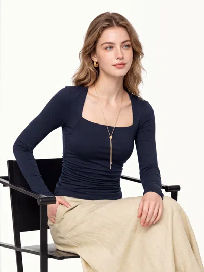 Oglmove Trapeze Neck Long Sleeve Ruched Bra Top In Midnight Navy