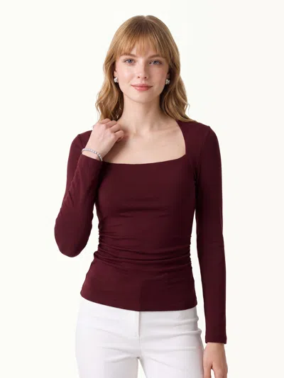 Oglmove Trapeze Neck Long Sleeve Ruched Bra Top In Ruby Red