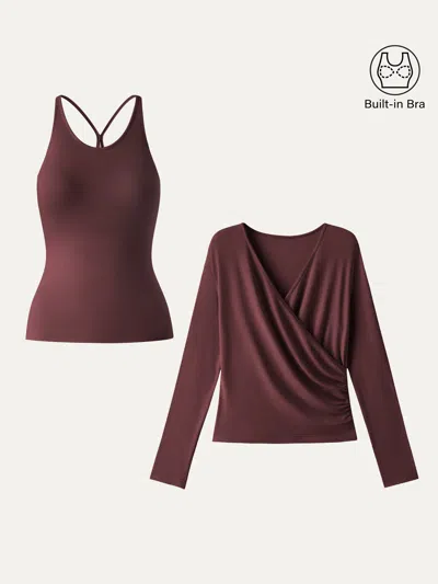 Oglmove Two-piece Set Cami With Surplice Ruched Top In Burgundy