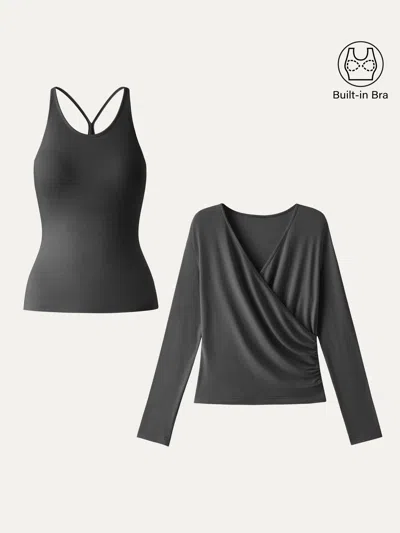 Oglmove Two-piece Set Cami With Surplice Ruched Top In Davy