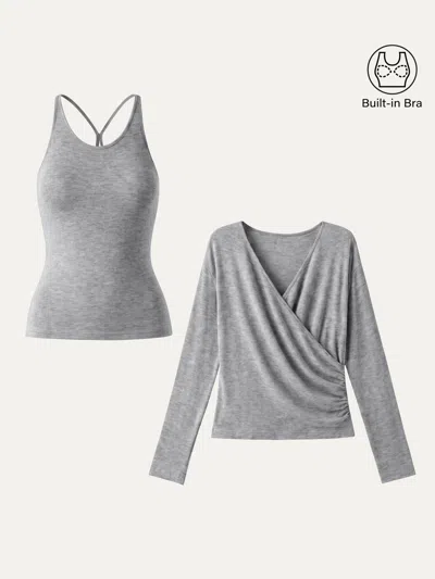 Oglmove Two-piece Set Cami With Surplice Ruched Top In Heather Grey