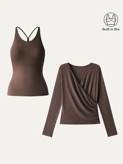 Oglmove Two-piece Set Cami With Surplice Top In Umber Wood