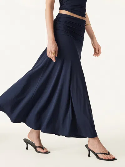 Oglmove Ultrasoft Mid Rise A-line Ruched Maxi Skirt In Blue