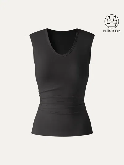 Oglmove U-neck Tucked Sleeveless Bra Top In Black