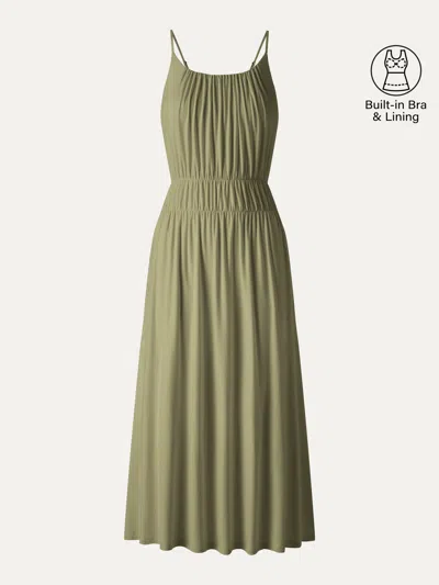 Oglmove Vacay Gathered U-neck Spaghetti Midi Bra Dress With Pockets In Brown