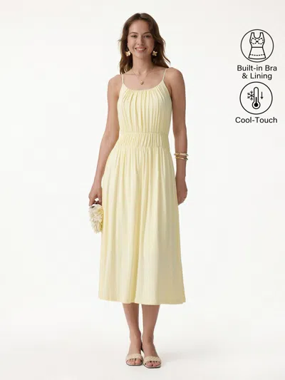 Oglmove Vacay Gathered U-neck Spaghetti Midi Bra Dress With Pockets In Yellow