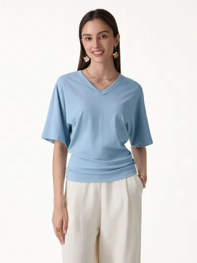 Oglmove Viscose Cotton V-neck Waist-defining Summer Tee In Blue