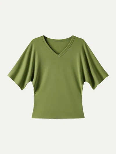 Oglmove Viscose Cotton V-neck Waist-defining Summer Tee In Green