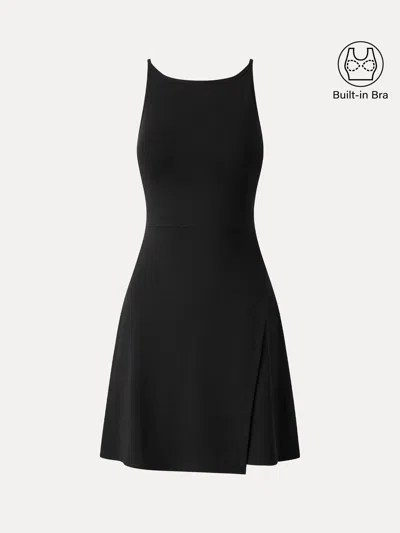 Oglmove Viscose-cotton Boatneck Sleeveless Wrap Mini Bra Dress In Black