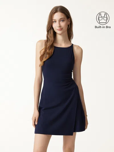 Oglmove Viscose-cotton Boatneck Sleeveless Wrap Mini Bra Dress In Navy