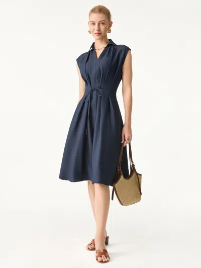 Oglmove Viscose-linen Collared V-neck Midi Dress With Drawstring In Blue