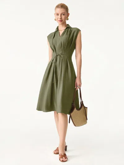 Oglmove Viscose-linen Collared V-neck Midi Dress With Drawstring In Gold