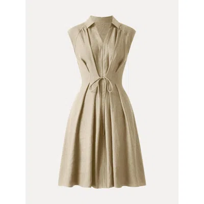 Oglmove Viscose-linen Collared V-neck Midi Dress With Drawstring In Sand