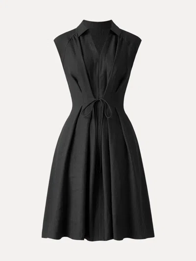 Oglmove Viscose-linen V-neck Midi Dress With Drawstring In Black