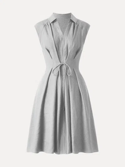 Oglmove Viscose-linen V-neck Midi Dress With Drawstring In Light Grey