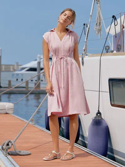Oglmove Viscose-linen V-neck Midi Dress With Drawstring In Soft Pink