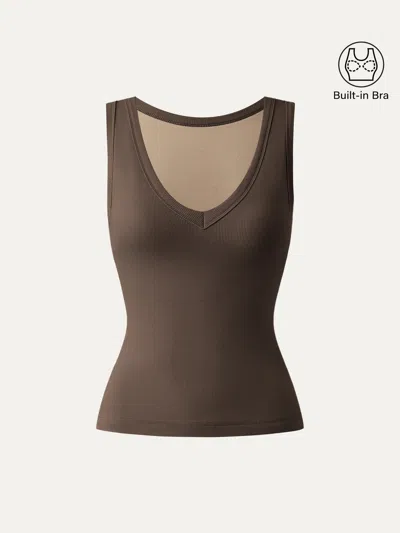 Oglmove Stretchy V-neck Cotton New Airy Bra Tank In Brown