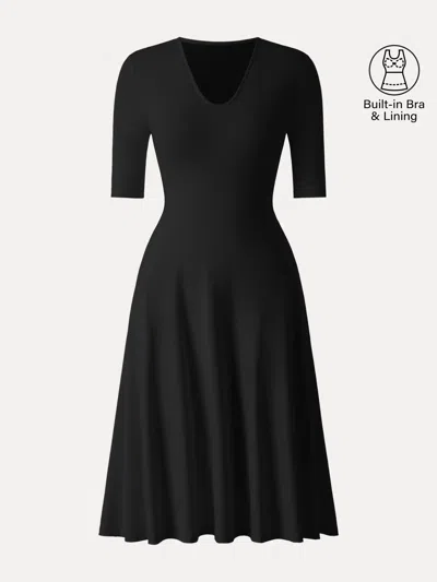 Oglmove V-neck Elbow Sleeve Midi Bra Dress With Pockets In Black