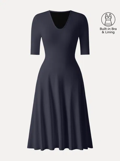 Oglmove V-neck Elbow Sleeve Midi Bra Dress With Pockets In Blue