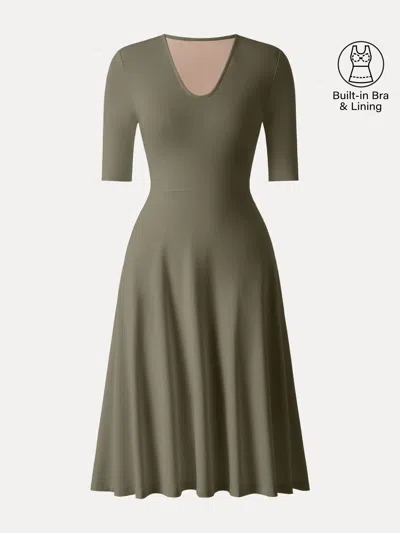 Oglmove V-neck Elbow Sleeve Midi Bra Dress With Pockets In Green