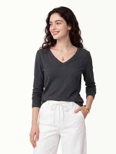 Oglmove V-neck Long Sleeve Banded Hem Top In Heather Night Charcoal