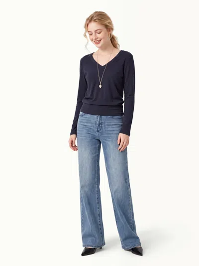Oglmove V-neck Long Sleeve Banded Hem Top In Smoky Navy
