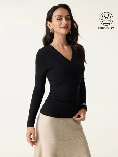 Oglmove V-neck Long Sleeve Side-tuck Bra Top In Black