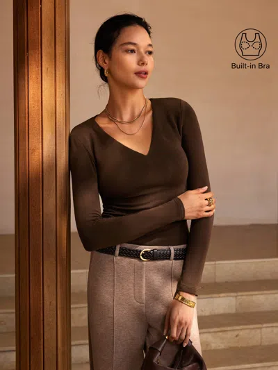 Oglmove V-neck Long Sleeve Side-tuck Bra Top In Espresso