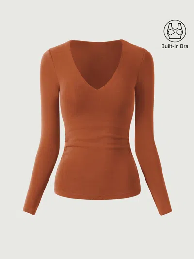 Oglmove V-neck Ruched Sides Bra Top In Orange