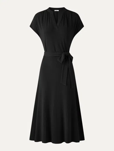 Oglmove V-neck Short Sleeve Belted Midi Dress In Black