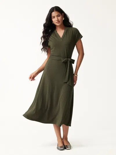 Oglmove V-neck Short Sleeve Belted Midi Dress In Dark Olive Green