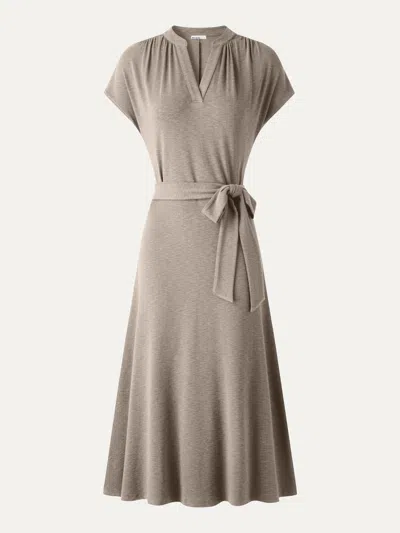 Oglmove V-neck Short Sleeve Belted Midi Dress In Heather Dove
