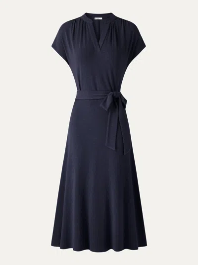 Oglmove V-neck Short Sleeve Belted Midi Dress In Navy