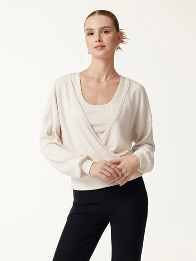 Oglmove Wide Ribbed Crossover Long Sleeve Banded Hem Top In Fog Ivory Beige