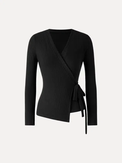 Oglmove Wide Ribbed Crossover Long Sleeve Tie-waist Top In Black