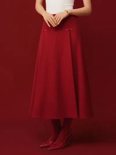 Oglmove Wool-like Frog Button A-line Midi Skirt Limited Edition