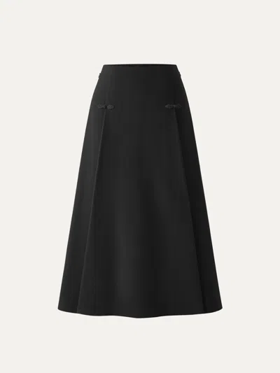 Oglmove Wool-like Frog Button A-line Midi Skirt Limited Edition In Black