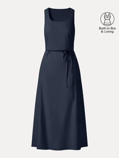 Oglmove Wrinkle-resistant Linen Blend U-neck Maxi Dress With Pockets In Black