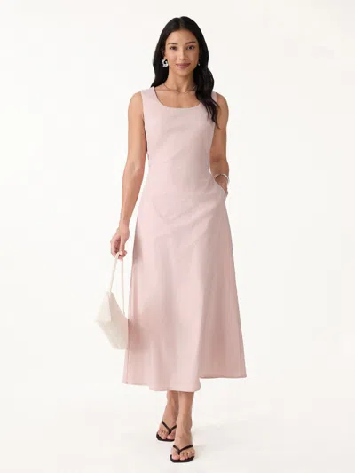 Oglmove Wrinkle-resistant Linen Blend U-neck Maxi Dress With Pockets In Pink