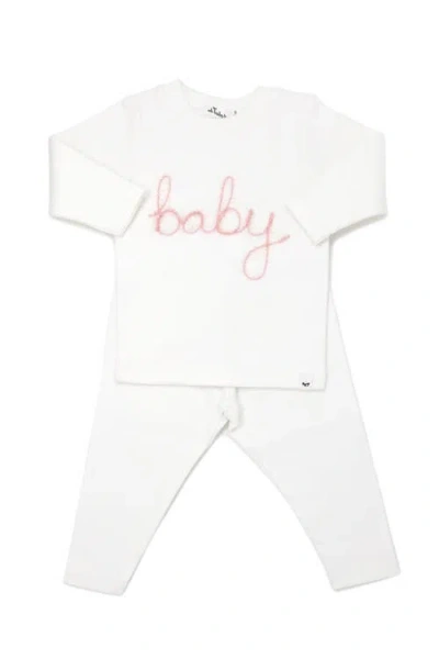 Oh Baby ! "baby" Pink Sparkle Embroidered Two Piece Set In Cream