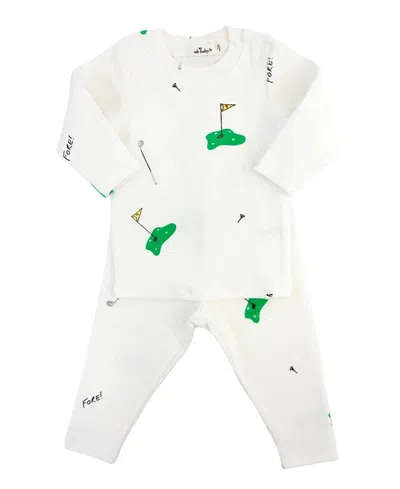 Oh Baby ! Boys' Golf Print Two Piece Tee And Pant Set - Baby In White