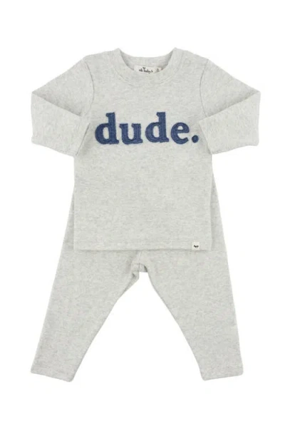 Oh Baby ! Denim "dude" Ribbed Applique Long Sleeve Two Piece Set In Heather Grey