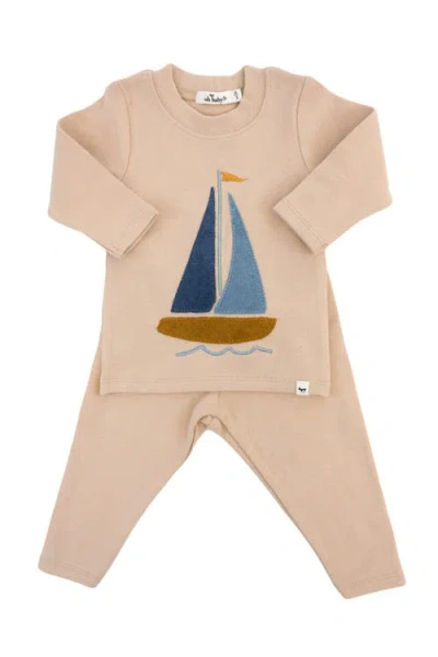 Oh Baby ! Denim Sailboat Terry Applique Two Piece Set In Almond