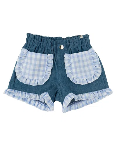 Oh Baby ! Girls' Denim Libby Checks Pocket Ruffle Short - Baby, Little Kid In Blue