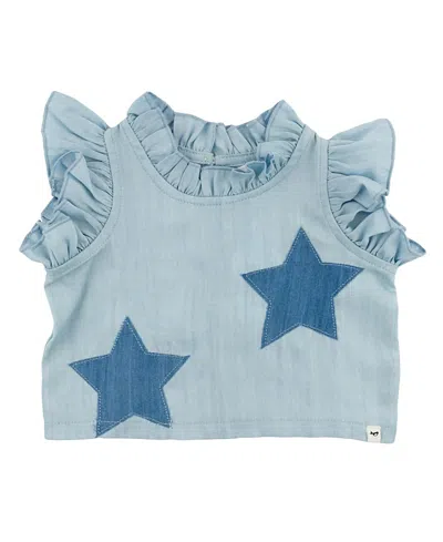 Oh Baby ! Girls' Lola Stars Applique With Ruffle Lyocell Denim Blouse - Baby, Little Kid In Blue