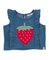 Oh Baby ! Girls' Lola Strawberry Applique With Millie Ruffle Lyocell Denim Blouse - Baby, Little Kid In Blue