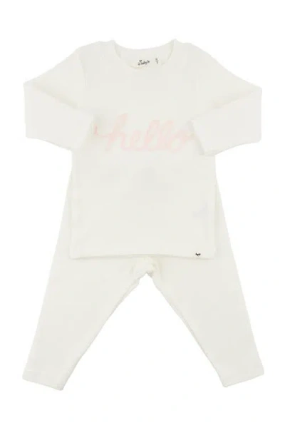 Oh Baby ! "hello" Pale Pink Embroidered Two Piece Set In Cream