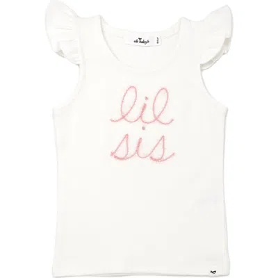Oh Baby ! "lil Sis" Pink Embroidered Cotton Baby Rib Flutter Sleeve Tank In Cream